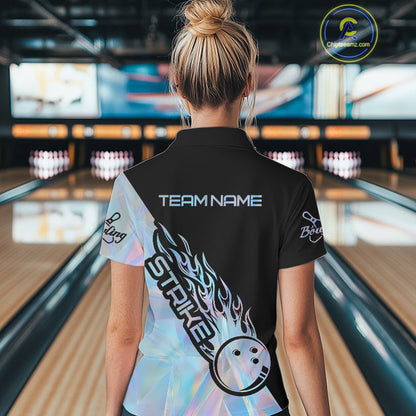 Custom Hologram Flame Strike Bowling Women Polo Shirt, Icy Crystal Bowling Shirt IPHW9862