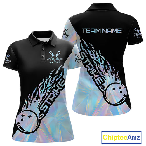 Custom Hologram Flame Strike Bowling Women Polo Shirt, Icy Crystal Bowling Shirt IPHW9862
