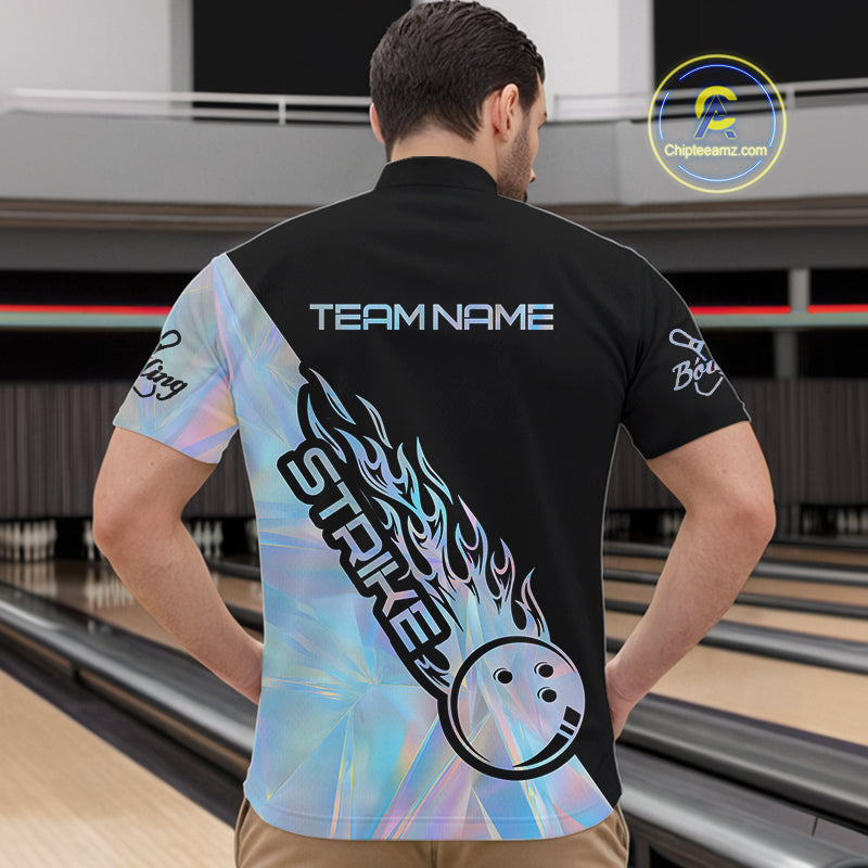 Custom Hologram Flame Strike Bowling Men Quarter-Zip Shirt, Holographic Icy Crystal Bowling Shirt IPHW9862