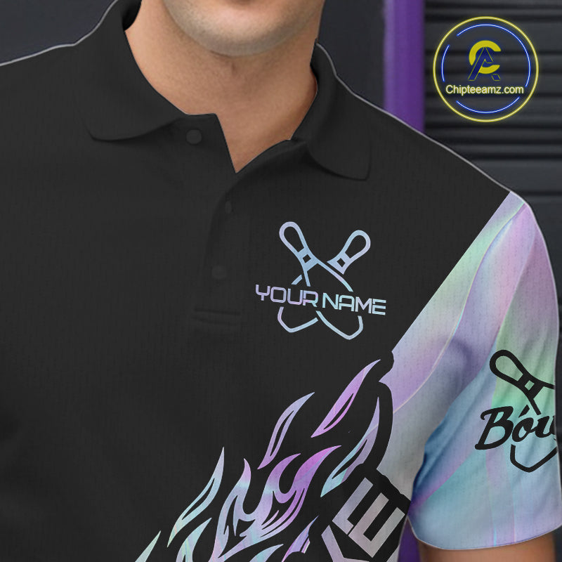Custom Hologram Flame Strike Bowling Men Polo Shirt, Holographic Icy Crystal Bowling Shirt IPHW9863