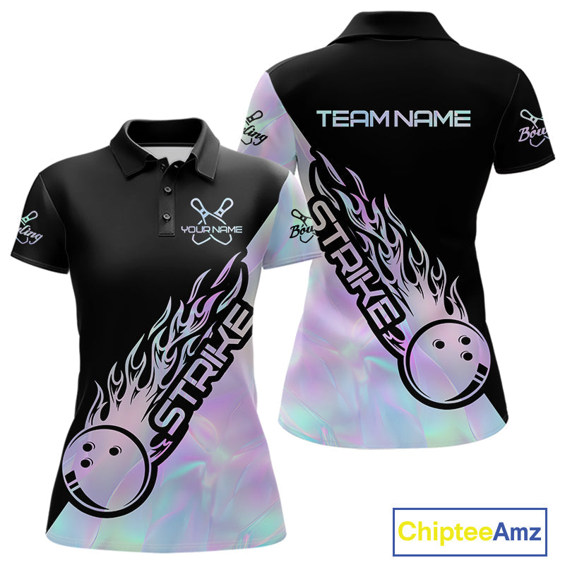 Custom Hologram Flame Strike Bowling Women Polo Shirt, Icy Crystal Bowling Shirt IPHW9863