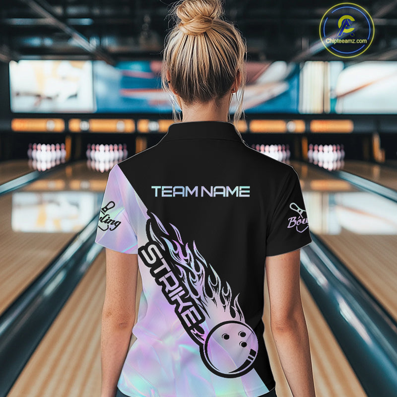 Custom Hologram Flame Strike Bowling Women Quarter-Zip Shirt, Icy Crystal Bowling Shirt IPHW9863