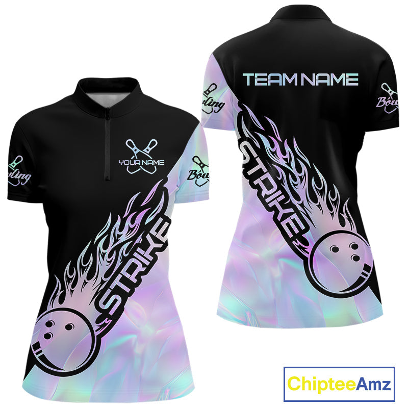 Custom Hologram Flame Strike Bowling Women Quarter-Zip Shirt, Icy Crystal Bowling Shirt IPHW9863