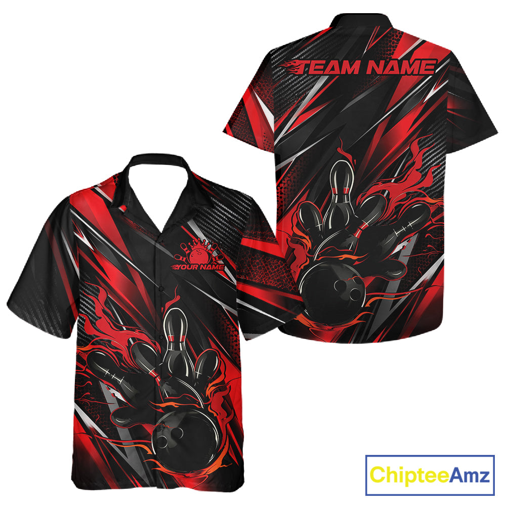Black And Red Flame Custom Bowling Men And Women Button Up Shirt, Bowling Tournament Team Jersey IPHW12194