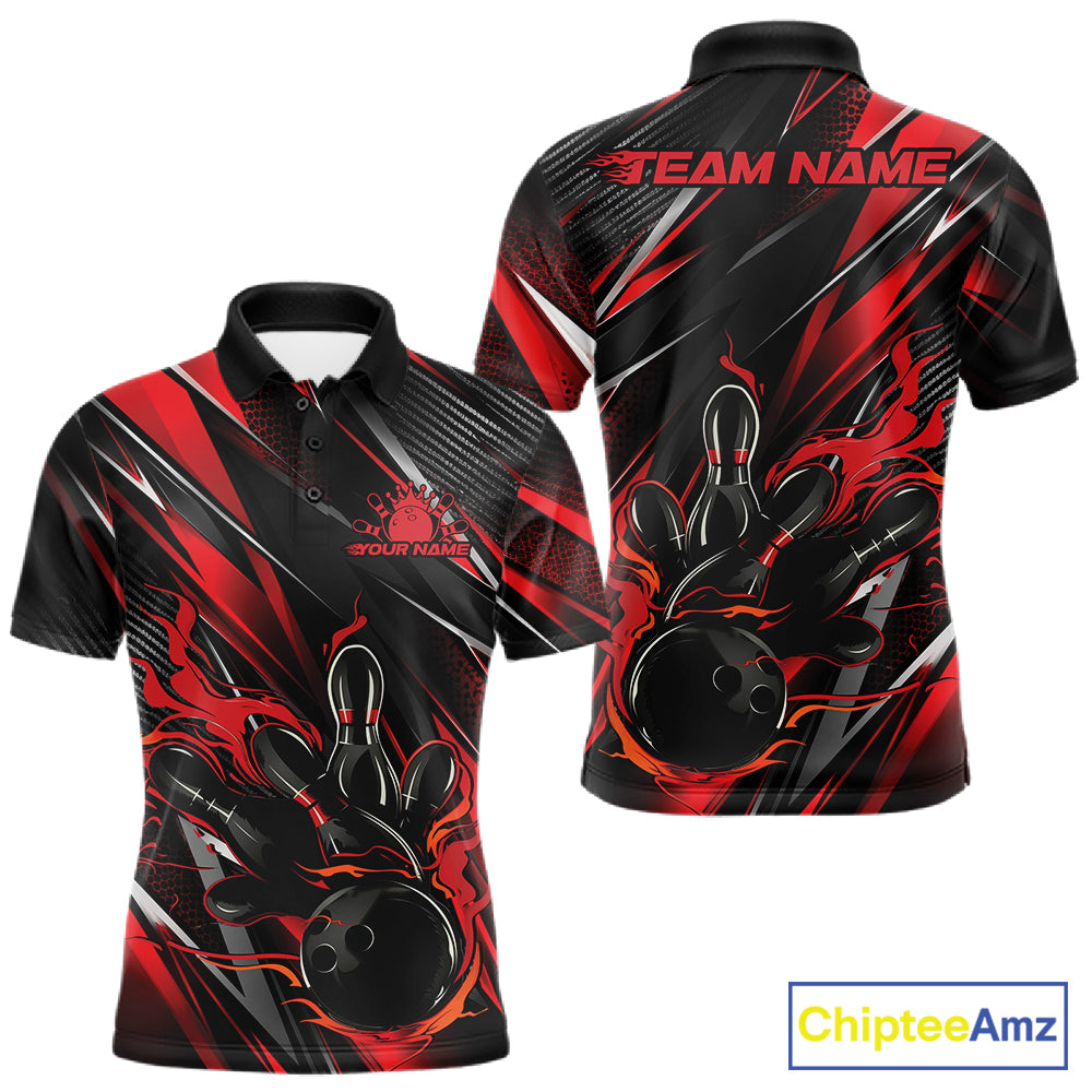 Black And Red Flame Custom Bowling Men Polo Shirt, Bowling Tournament Team Jersey IPHW12194