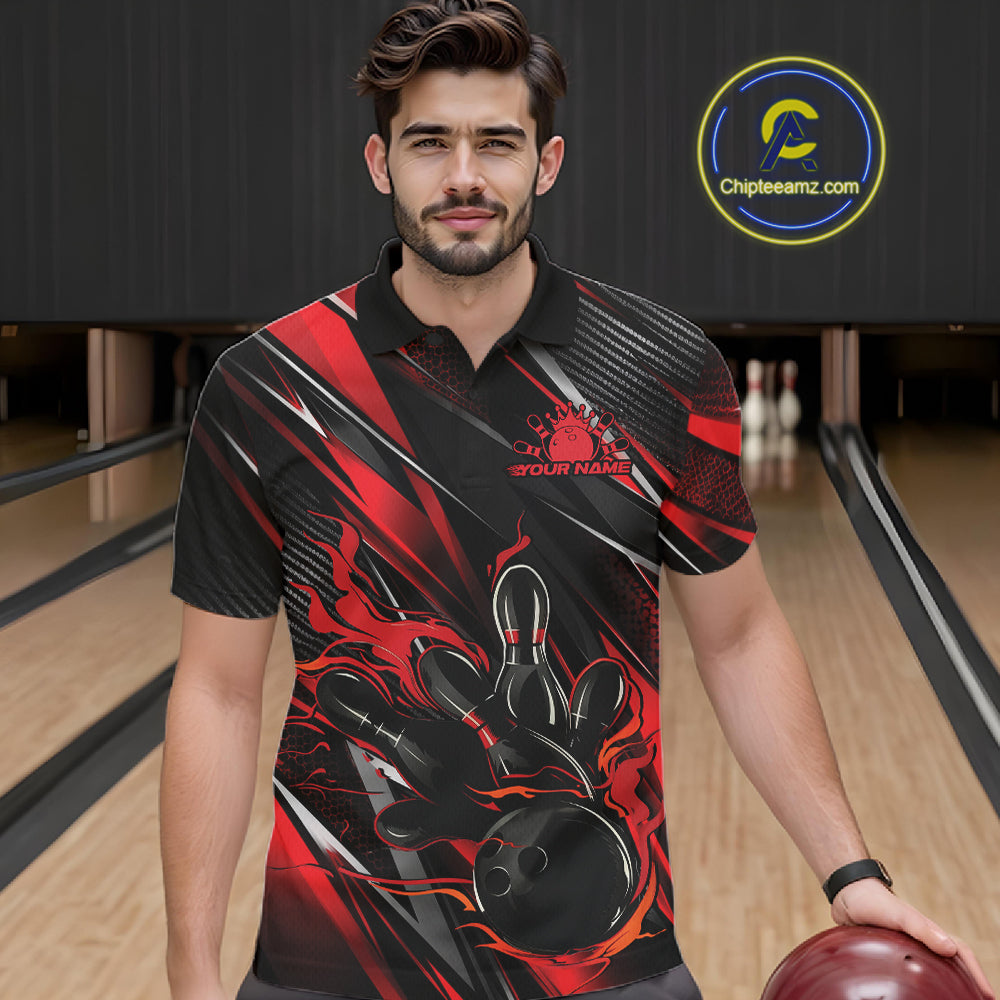 Black And Red Flame Custom Bowling Men Polo Shirt, Bowling Tournament Team Jersey IPHW12194