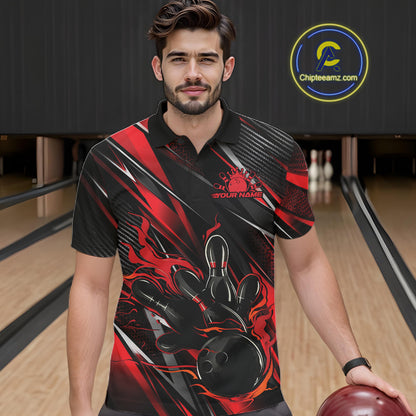 Black And Red Flame Custom Bowling Men Polo Shirt, Bowling Tournament Team Jersey IPHW12194