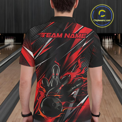 Black And Red Flame Custom Bowling Men Polo Shirt, Bowling Tournament Team Jersey IPHW12194