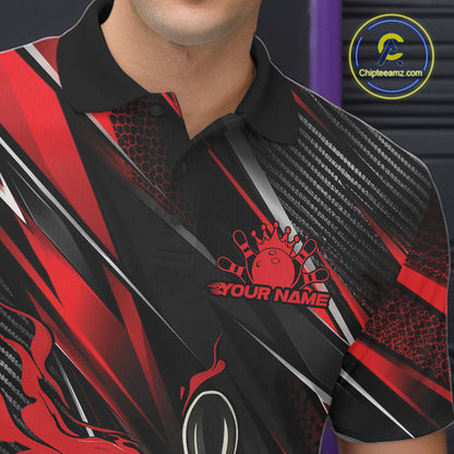 Black And Red Flame Custom Bowling Men Polo Shirt, Bowling Tournament Team Jersey IPHW12194
