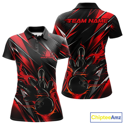 Black And Red Flame Custom Bowling Women Polo Shirt, Bowling Tournament Team Jersey IPHW12194