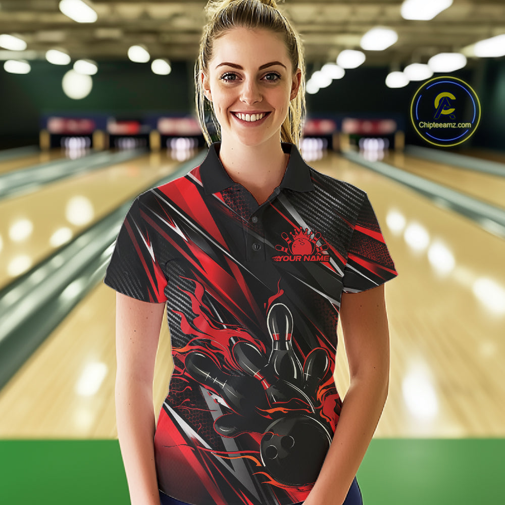 Black And Red Flame Custom Bowling Women Polo Shirt, Bowling Tournament Team Jersey IPHW12194