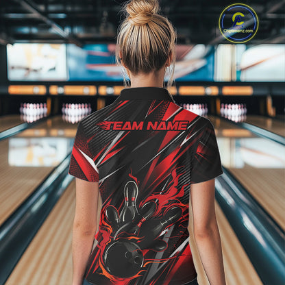 Black And Red Flame Custom Bowling Women Polo Shirt, Bowling Tournament Team Jersey IPHW12194