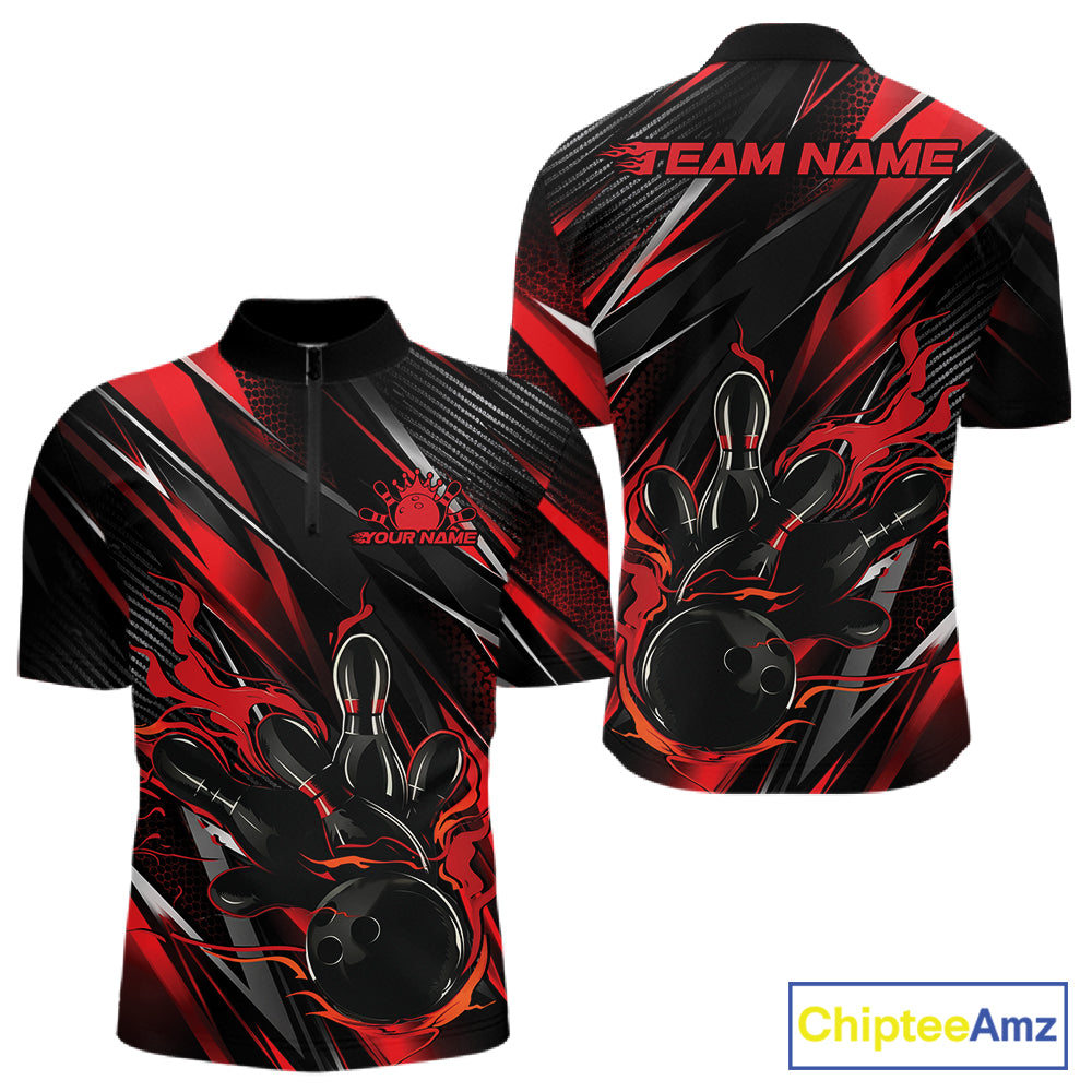 Black And Red Flame Custom Bowling Men Quarter Zip Shirt, Bowling Tournament Team Jersey IPHW12194