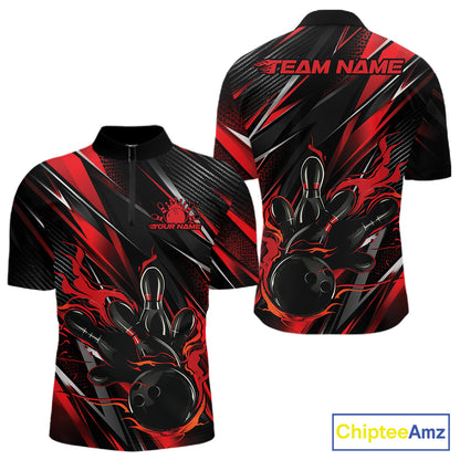 Black And Red Flame Custom Bowling Men Quarter Zip Shirt, Bowling Tournament Team Jersey IPHW12194