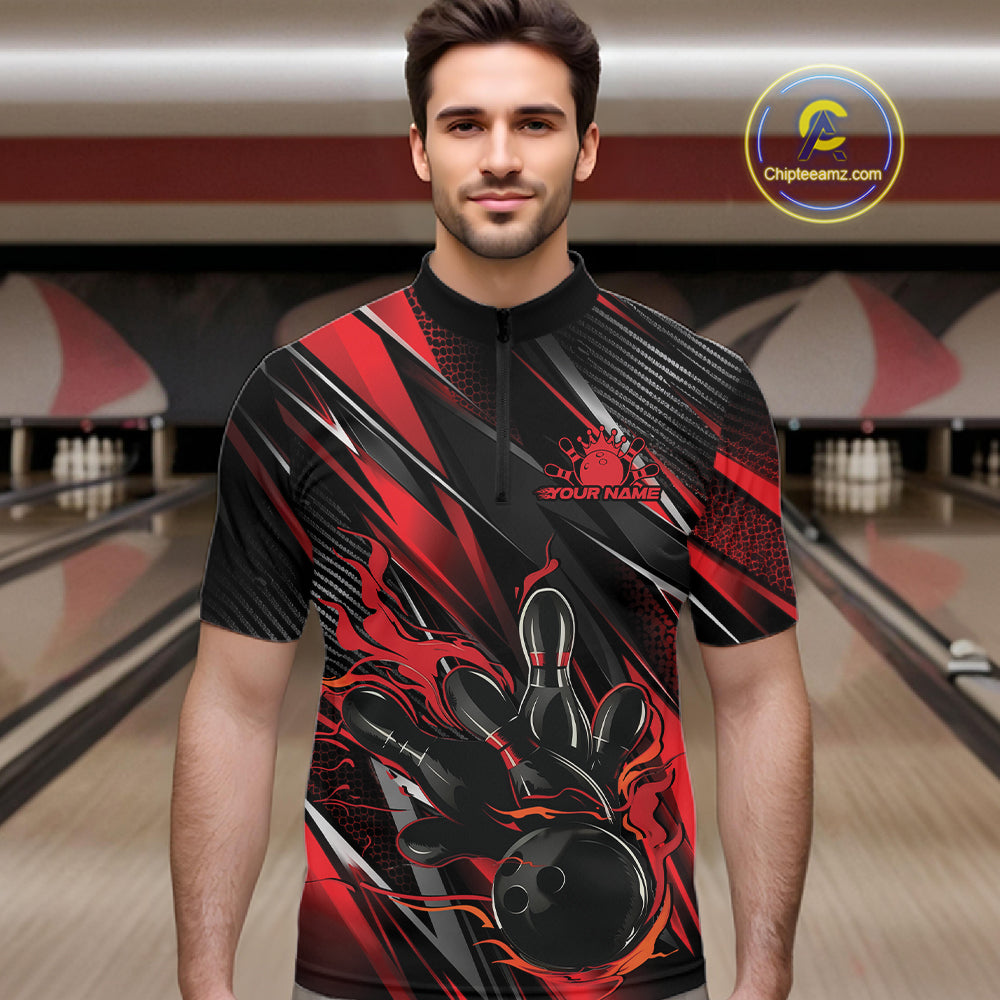 Black And Red Flame Custom Bowling Men Quarter Zip Shirt, Bowling Tournament Team Jersey IPHW12194