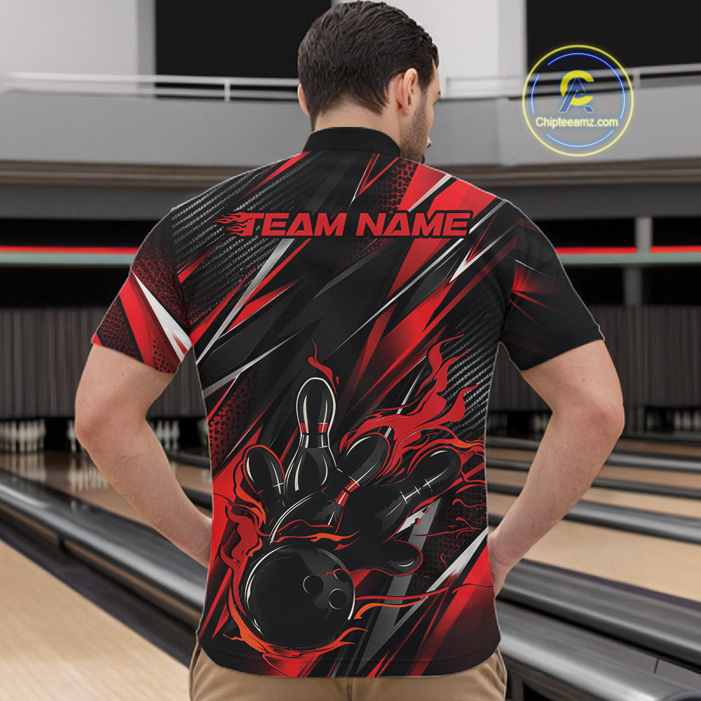 Black And Red Flame Custom Bowling Men Quarter Zip Shirt, Bowling Tournament Team Jersey IPHW12194