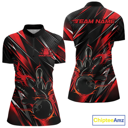 Black And Red Flame Custom Bowling Women Quarter-Zip Shirt, Bowling Team Jersey IPHW12194