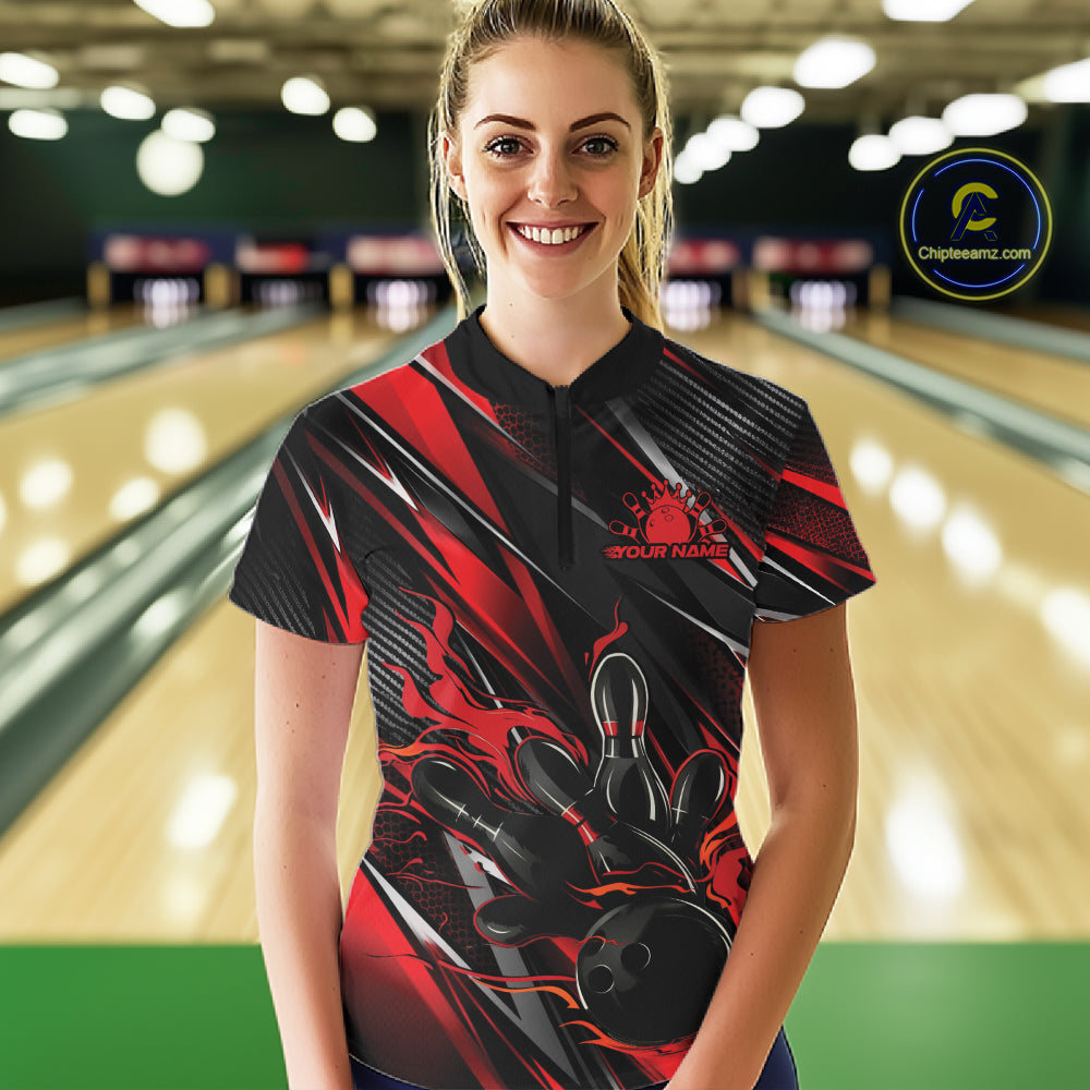 Black And Red Flame Custom Bowling Women Quarter-Zip Shirt, Bowling Team Jersey IPHW12194