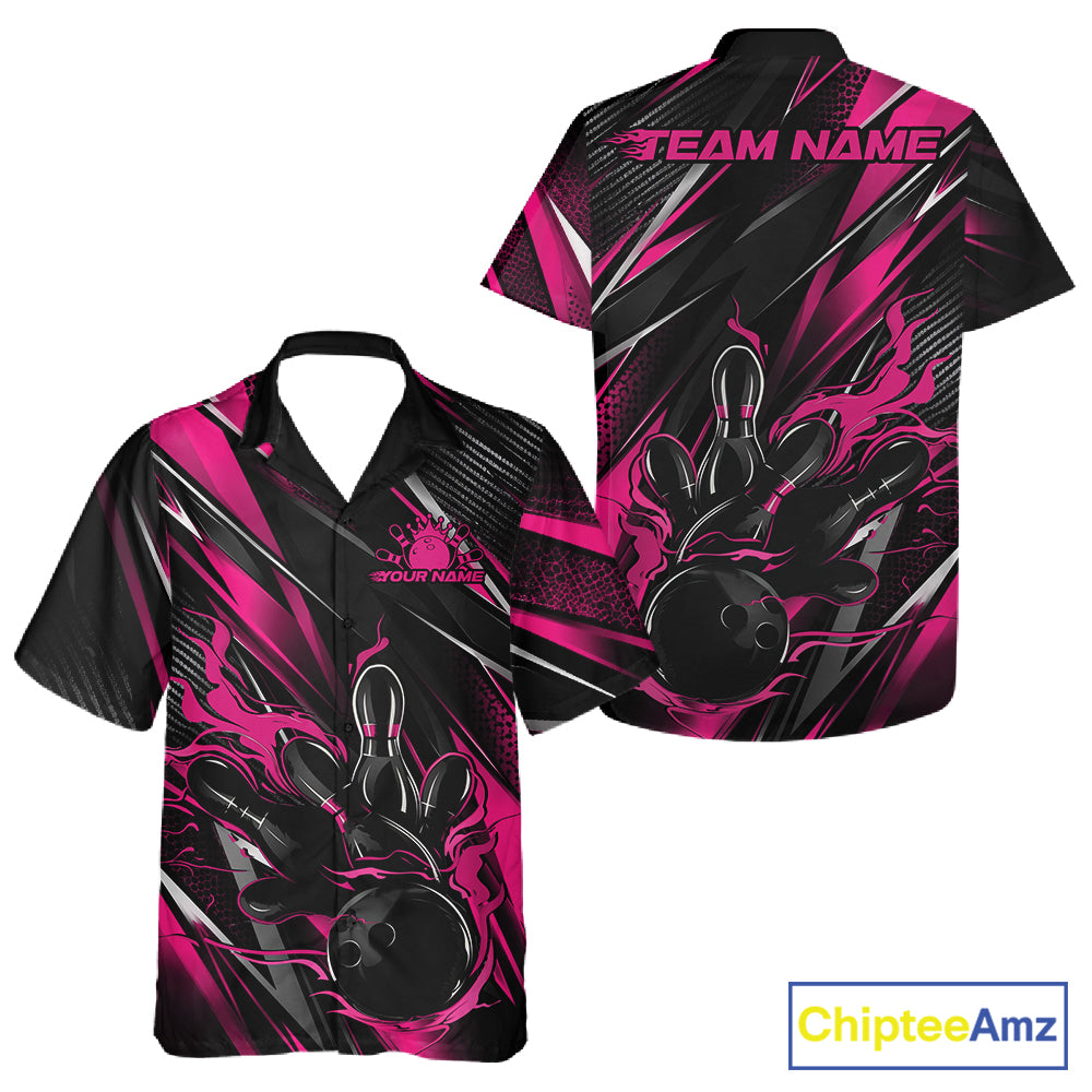 Black And Pink Flame Custom Bowling Men And Women Button Up Shirt, Bowling Tournament Team Jersey IPHW12195