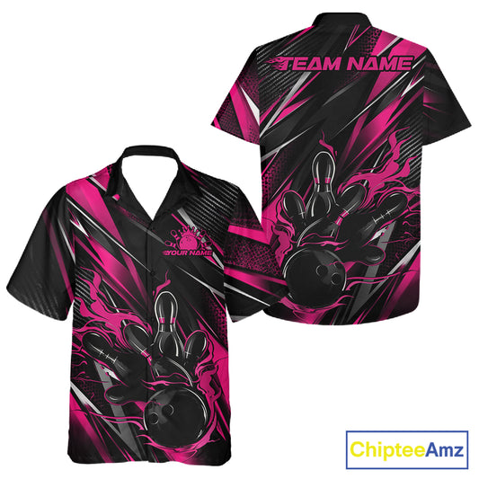 Black And Pink Flame Custom Bowling Men And Women Button Up Shirt, Bowling Tournament Team Jersey IPHW12195