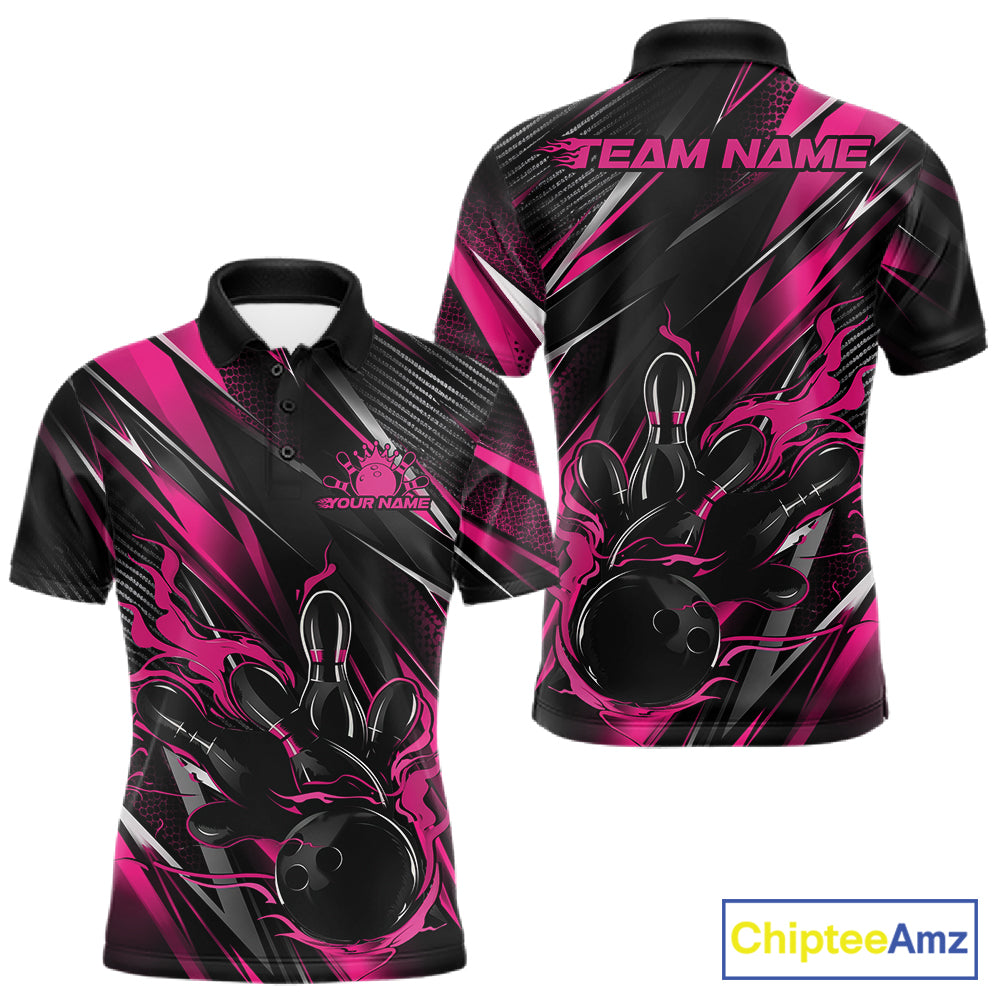 Black And Pink Flame Custom Bowling Men Polo Shirt, Bowling Tournament Team Jersey IPHW12195