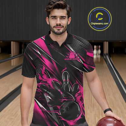 Black And Pink Flame Custom Bowling Men Polo Shirt, Bowling Tournament Team Jersey IPHW12195