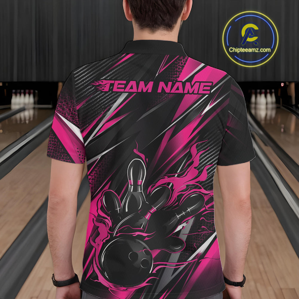 Black And Pink Flame Custom Bowling Men Polo Shirt, Bowling Tournament Team Jersey IPHW12195