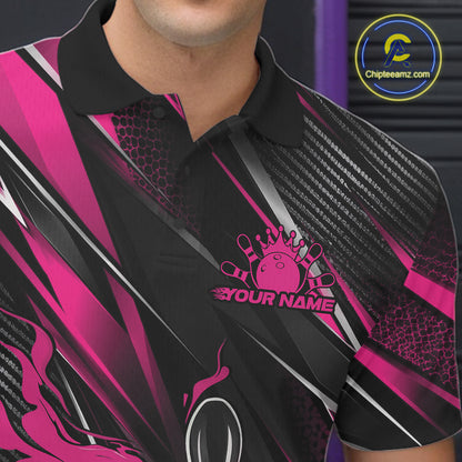 Black And Pink Flame Custom Bowling Men Polo Shirt, Bowling Tournament Team Jersey IPHW12195