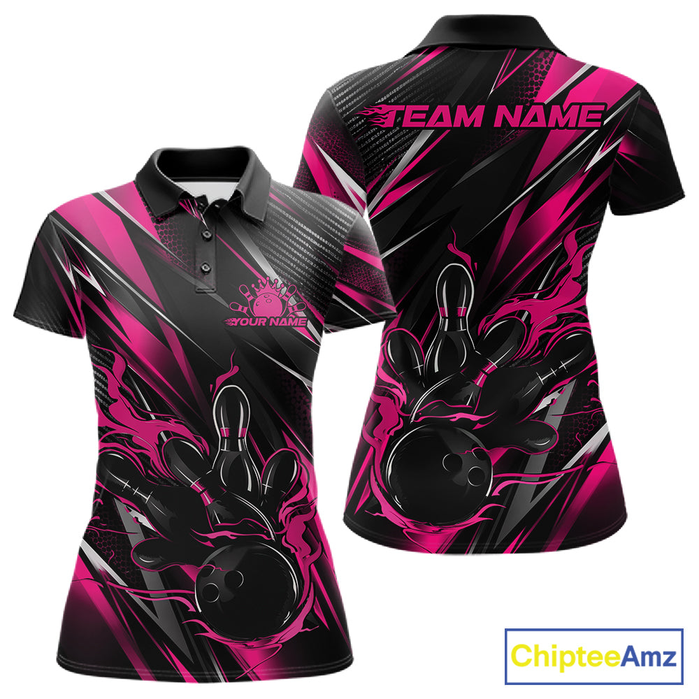 Black And Pink Flame Custom Bowling Women Polo Shirt, Bowling Tournament Team Jersey IPHW12195