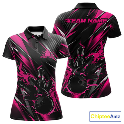 Black And Pink Flame Custom Bowling Women Polo Shirt, Bowling Tournament Team Jersey IPHW12195