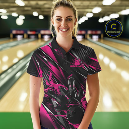 Black And Pink Flame Custom Bowling Women Polo Shirt, Bowling Tournament Team Jersey IPHW12195