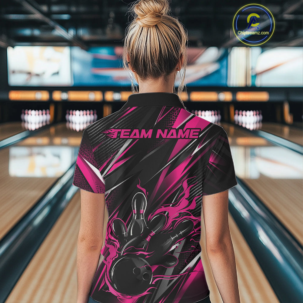 Black And Pink Flame Custom Bowling Women Polo Shirt, Bowling Tournament Team Jersey IPHW12195