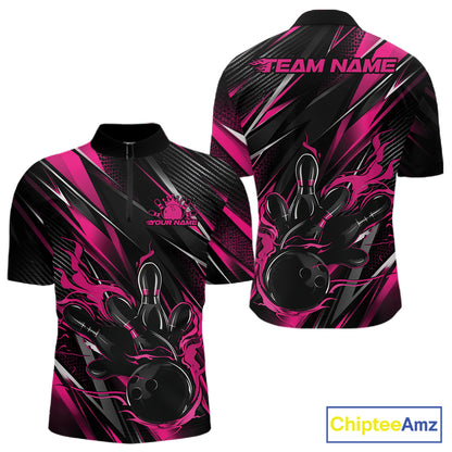 Black And Pink Flame Custom Bowling Men Quarter Zip Shirt, Bowling Tournament Team Jersey IPHW12195
