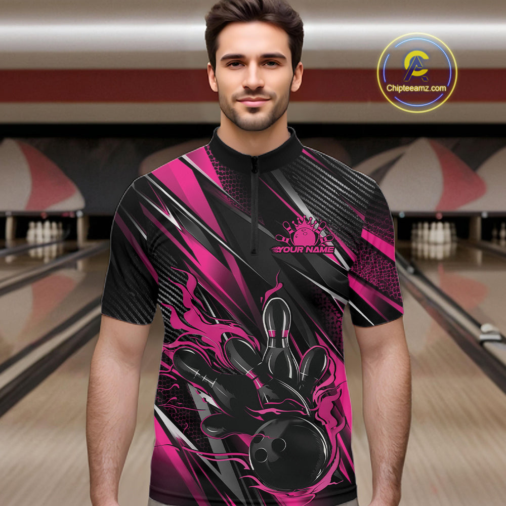 Black And Pink Flame Custom Bowling Men Quarter Zip Shirt, Bowling Tournament Team Jersey IPHW12195
