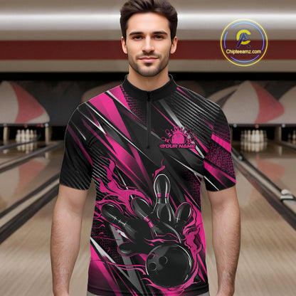 Black And Pink Flame Custom Bowling Men Quarter Zip Shirt, Bowling Tournament Team Jersey IPHW12195