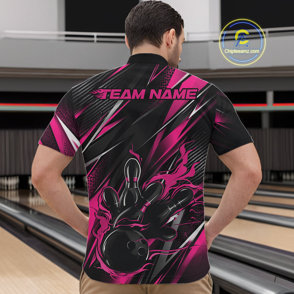 Black And Pink Flame Custom Bowling Men Quarter Zip Shirt, Bowling Tournament Team Jersey IPHW12195