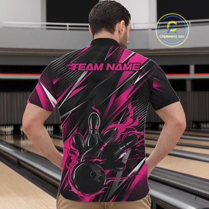 Black And Pink Flame Custom Bowling Men Quarter Zip Shirt, Bowling Tournament Team Jersey IPHW12195