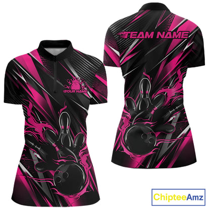 Black And Pink Flame Custom Bowling Women Quarter-Zip Shirt, Bowling Team Jersey IPHW12195