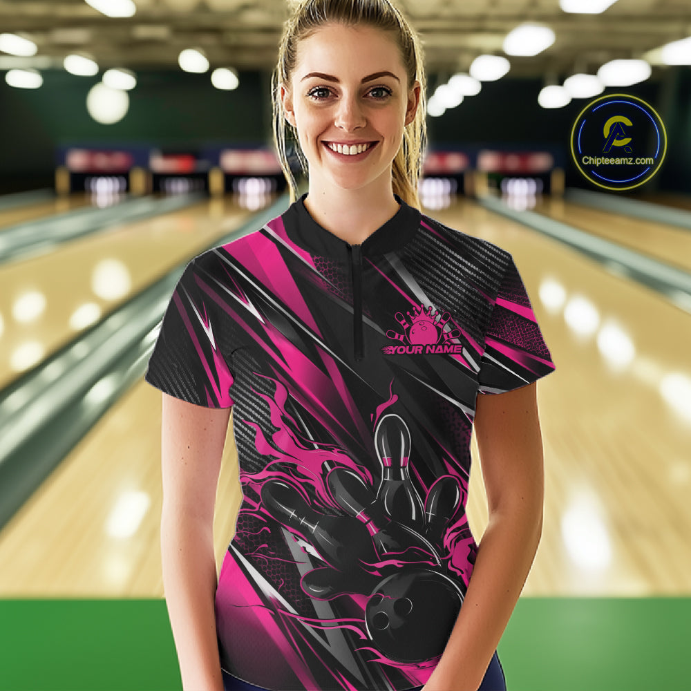 Black And Pink Flame Custom Bowling Women Quarter-Zip Shirt, Bowling Team Jersey IPHW12195