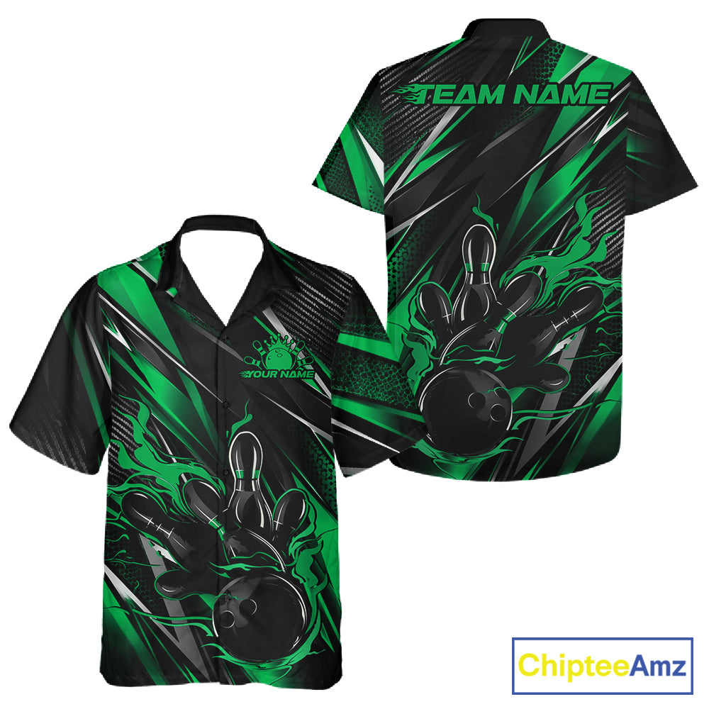Black And Green Flame Custom Bowling Men And Women Button Up Shirt, Bowling Tournament Team Jersey IPHW12196