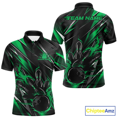 Black And Green Flame Custom Bowling Men Polo Shirt, Bowling Tournament Team Jersey IPHW12196
