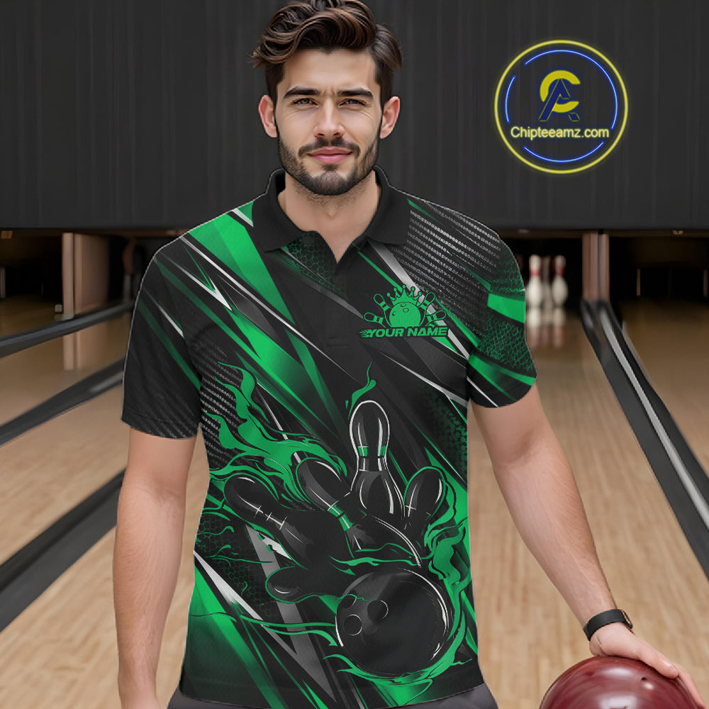 Black And Green Flame Custom Bowling Men Polo Shirt, Bowling Tournament Team Jersey IPHW12196