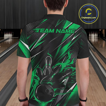 Black And Green Flame Custom Bowling Men Polo Shirt, Bowling Tournament Team Jersey IPHW12196