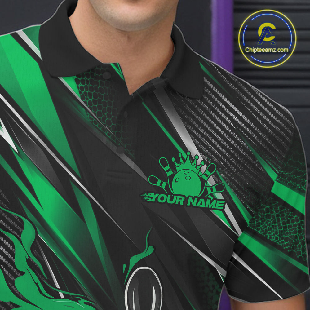 Black And Green Flame Custom Bowling Men Polo Shirt, Bowling Tournament Team Jersey IPHW12196