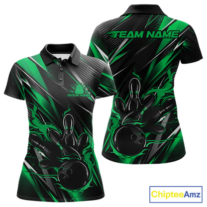 Black And Green Flame Custom Bowling Women Polo Shirt, Bowling Tournament Team Jersey IPHW12196