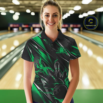 Black And Green Flame Custom Bowling Women Polo Shirt, Bowling Tournament Team Jersey IPHW12196