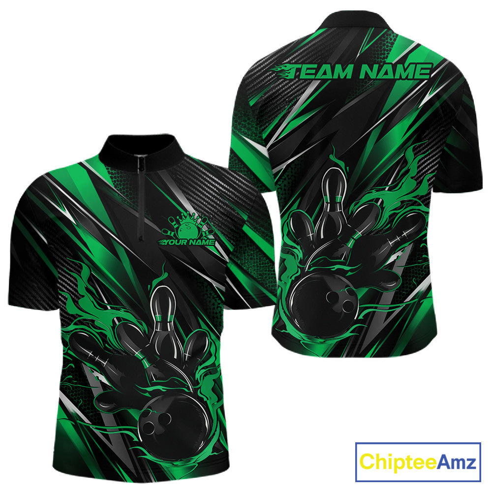 Black And Green Flame Custom Bowling Men Quarter Zip Shirt, Bowling Tournament Team Jersey IPHW12196