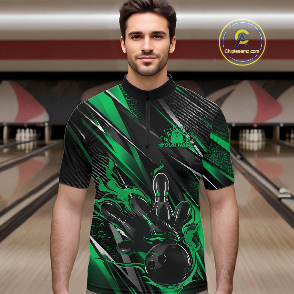 Black And Green Flame Custom Bowling Men Quarter Zip Shirt, Bowling Tournament Team Jersey IPHW12196