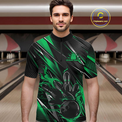 Black And Green Flame Custom Bowling Men Quarter Zip Shirt, Bowling Tournament Team Jersey IPHW12196