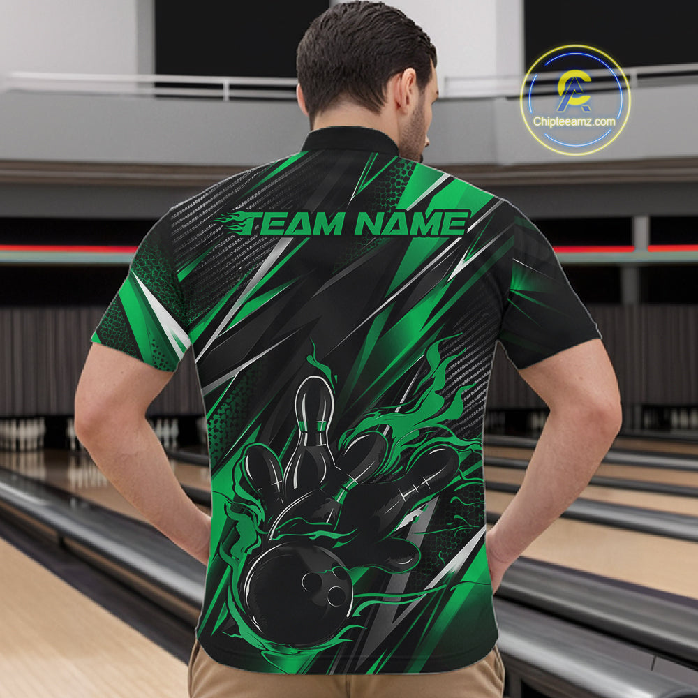 Black And Green Flame Custom Bowling Men Quarter Zip Shirt, Bowling Tournament Team Jersey IPHW12196